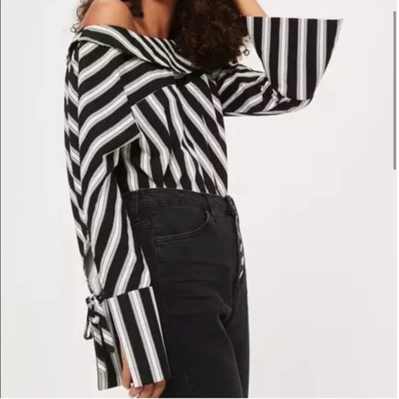 Topshop Black and White One Shoulder Popover Long Bow Tie Sleeve Top - Picture 3 of 13